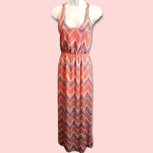 Boho Aztec Print Flowy Lightweight Cinched Waist Racerback Tank Maxi Dress Small